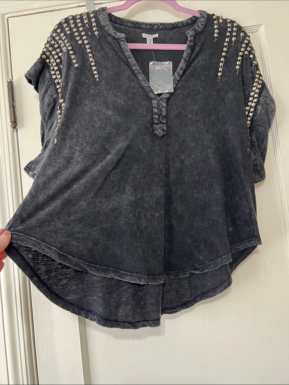 Ecote Washed Black Stud-Shoulder Short Sleeve Tee